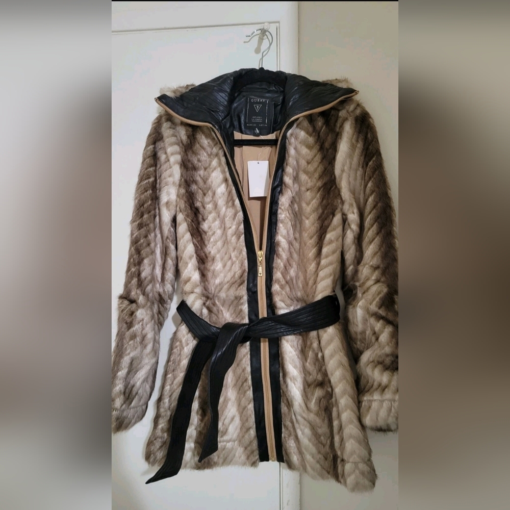 Guess Faux Fur And Leather Trim Coat